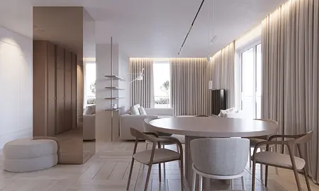 Wnętrze jadalni w stylu japandi i minimaluxe z dużymi oknami i eleganckim stołem.