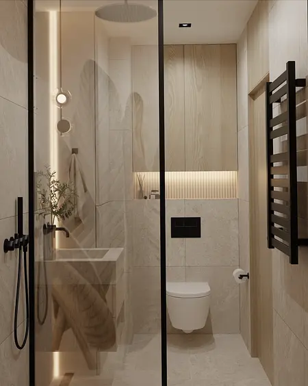 Nowoczesna łazienka z drewnianymi elementami, prysznicem i toaletą.