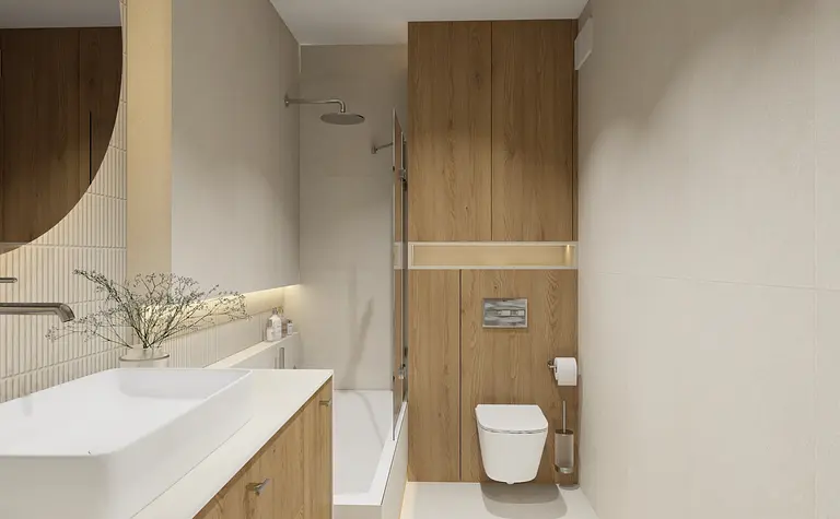 Minimalistyczna łazienka w stylu japandi z drewnem.