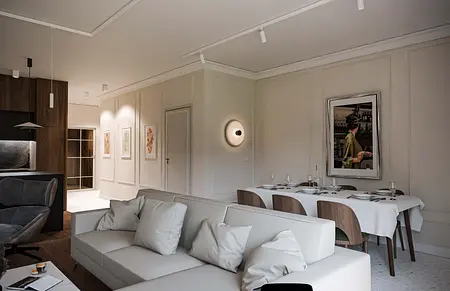 Wnętrze salonu w nowoczesnym stylu z białą sofą i drewnianym stołem. Soft minimalizm.