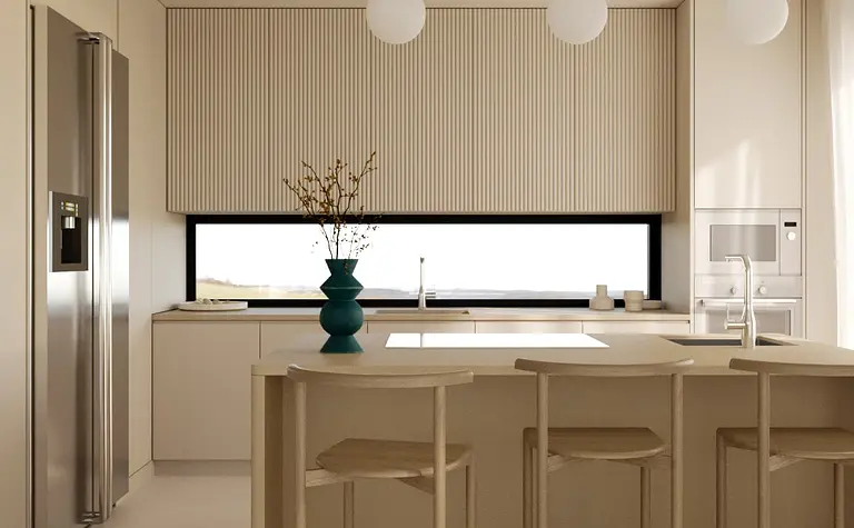 Kuchnia w stylu minimalistycznym z jasnymi meblami i drewnianymi detalami.