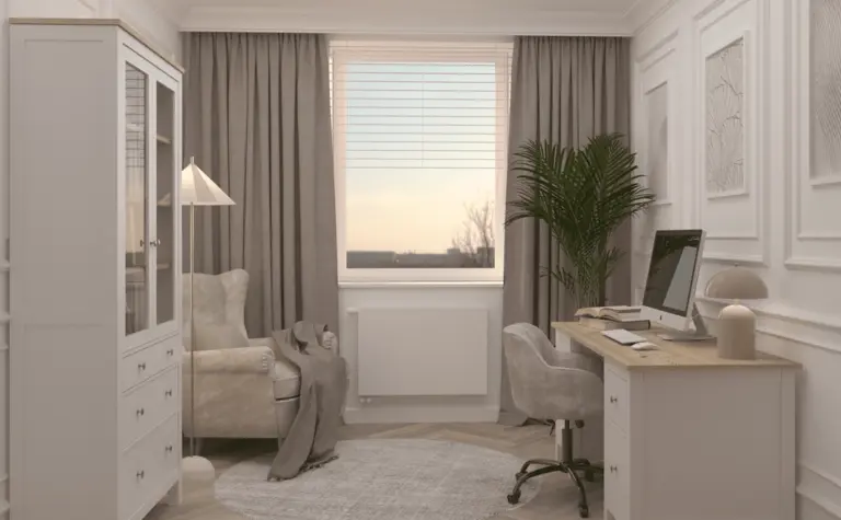 Wnętrze gabinetu w stylu nowoczesnym i quiet luxury z białymi meblami.