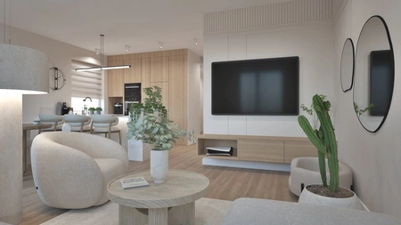 Wnętrze salonu w stylu boho, japandi i minimalistycznym z drewnianymi detalami.