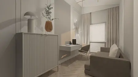 Wnętrze gabinetu z biurkiem, lampą i rośliną w stylu glamour.