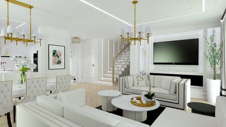 Wnętrze salonu w stylu glamour z białymi meblami i złotymi detalami.