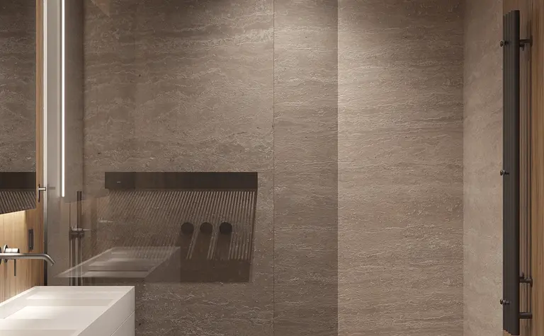 Nowoczesna łazienka z minimalistycznym designem, szklanym prysznicem i drewnianymi detalami.