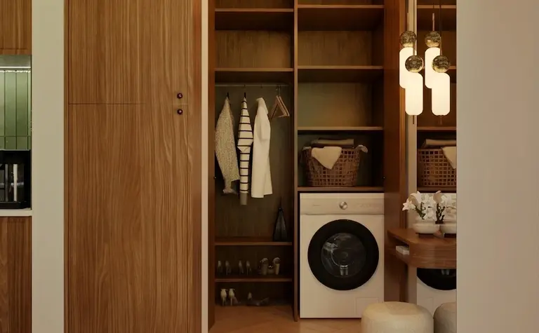 Garderoba w stylu art deco, vintage i współczesnym z drewnem i pralką.