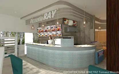 Wnętrze pizzerii z drewnianym barkiem i menu, nowoczesny design.