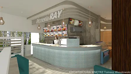 Wnętrze pizzerii z drewnianym barkiem i menu, nowoczesny design.