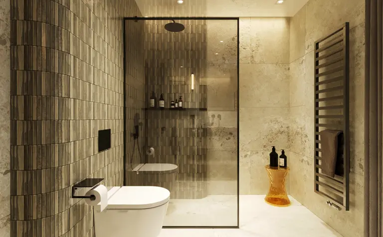 Nowoczesna łazienka z minimalistycznym designem, wykorzystująca style minimaluxe i quiet luxury.