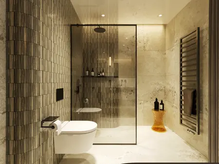 Nowoczesna łazienka z minimalistycznym designem, wykorzystująca style minimaluxe i quiet luxury.
