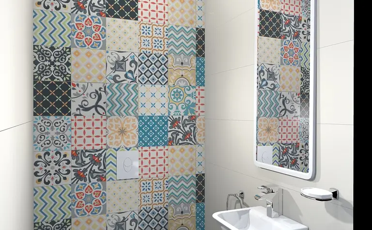 Toaleta z kolorowymi płytkami w stylu dopamine decor, industrialnym i skandynawskim.