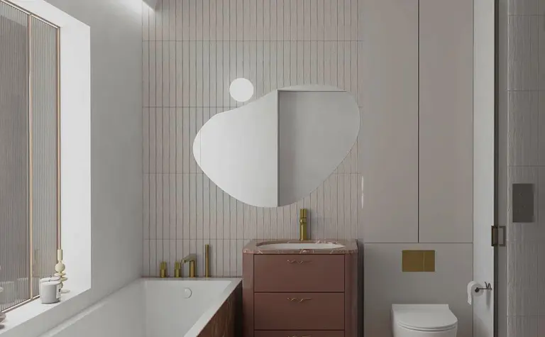 Nowoczesna łazienka w stylu art deco i vintage z brązowymi meblami.
