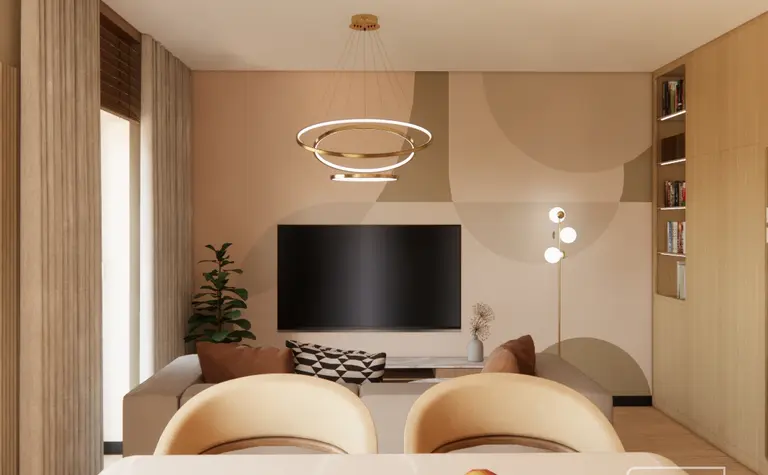 Wnętrze salonu w stylu japandi, minimalistycznym, z nowoczesnym oświetleniem.