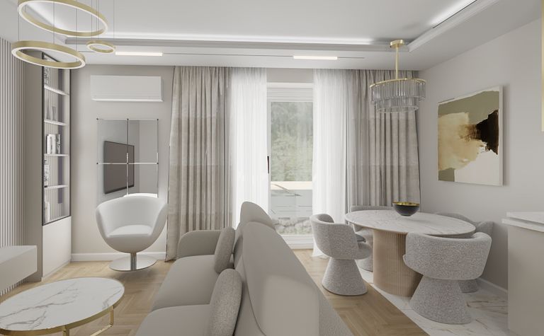 Wnętrze salonu w stylu glamour z nowoczesnym oświetleniem.