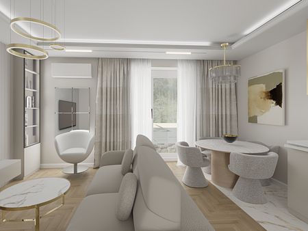 Wnętrze salonu w stylu glamour z nowoczesnym oświetleniem.