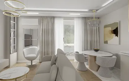 Wnętrze salonu w stylu glamour z nowoczesnym oświetleniem.