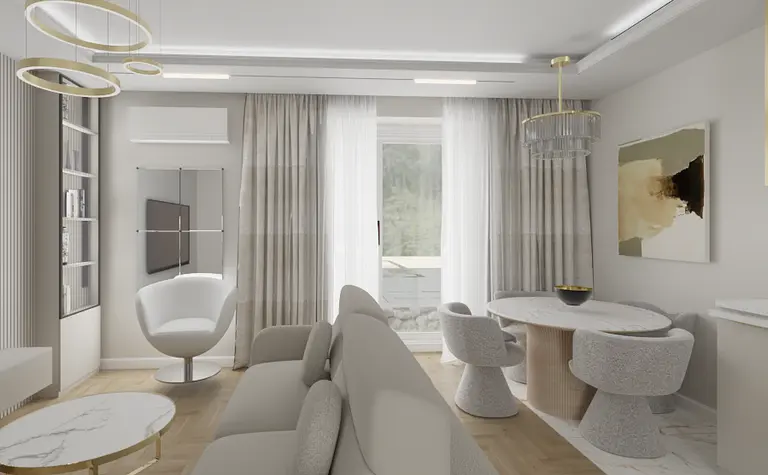 Wnętrze salonu w stylu glamour z nowoczesnym oświetleniem.