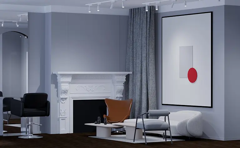 Wnętrze z kominkiem, szarymi ścianami i nowoczesnymi meblami japandi i minimalistycznymi.