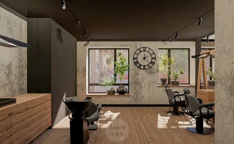 Salon fryzjerski z eklektycznym i industrialnym stylem, drewniane meble i rośliny.