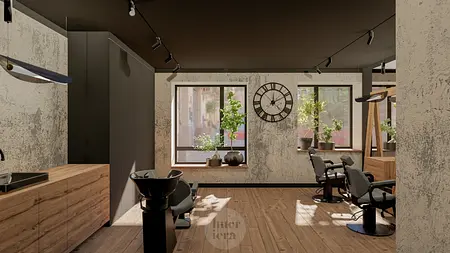 Salon fryzjerski z eklektycznym i industrialnym stylem, drewniane meble i rośliny.