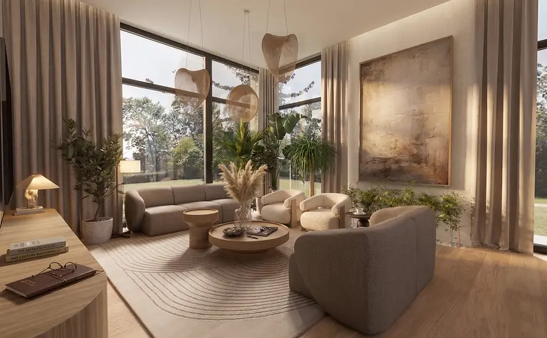 Wnętrze salonu w stylu boho i japandi z jasnymi meblami i roślinami.