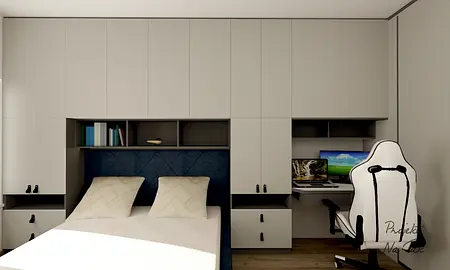 Współczesna sypialnia z szarymi meblami i biurkiem.