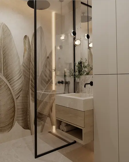 Nowoczesna łazienka z drewnianą umywalką, roślinnymi wzorami i minimalistycznym oświetleniem