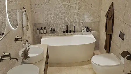 Wnętrze nowoczesnej łazienki z białą wanną, umywalkami i drewnianymi detalami.