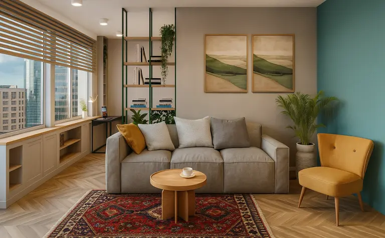 Wnętrze salonu w stylach industrialnym, minimalistycznym i nowoczesnym z szarym wyposażeniem.