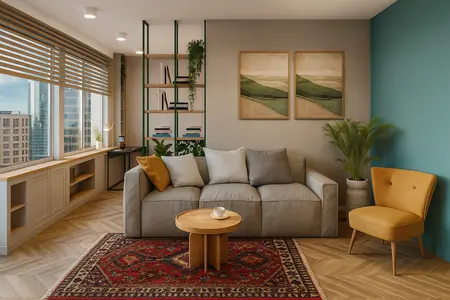 Wnętrze salonu w stylach industrialnym, minimalistycznym i nowoczesnym z szarym wyposażeniem.