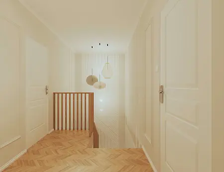 Przedpokój w stylu art deco z białymi ścianami i drewnianą podłogą.