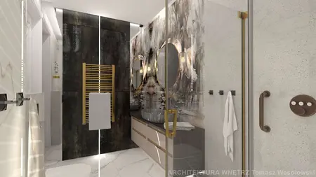 Stylowa łazienka glamour z dużymi lustrami i nowoczesnym wykończeniem.