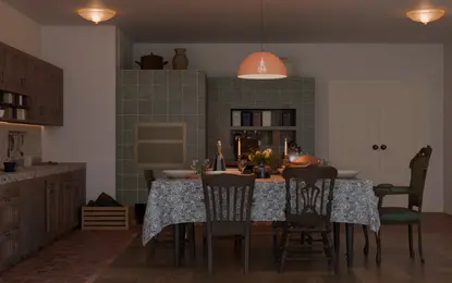 Rustykalna kuchnia z tradycyjnymi meblami i vintage akcentami.