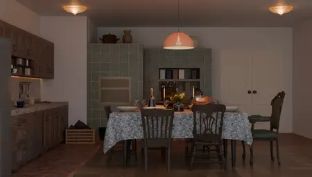 Rustykalna kuchnia z tradycyjnymi meblami i vintage akcentami.