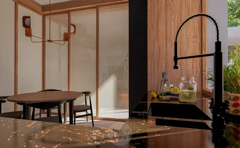 Wnętrze kuchni w stylu eklektycznym z elementami dopamine decor.