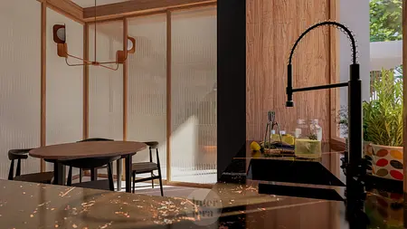 Wnętrze kuchni w stylu eklektycznym z elementami dopamine decor.