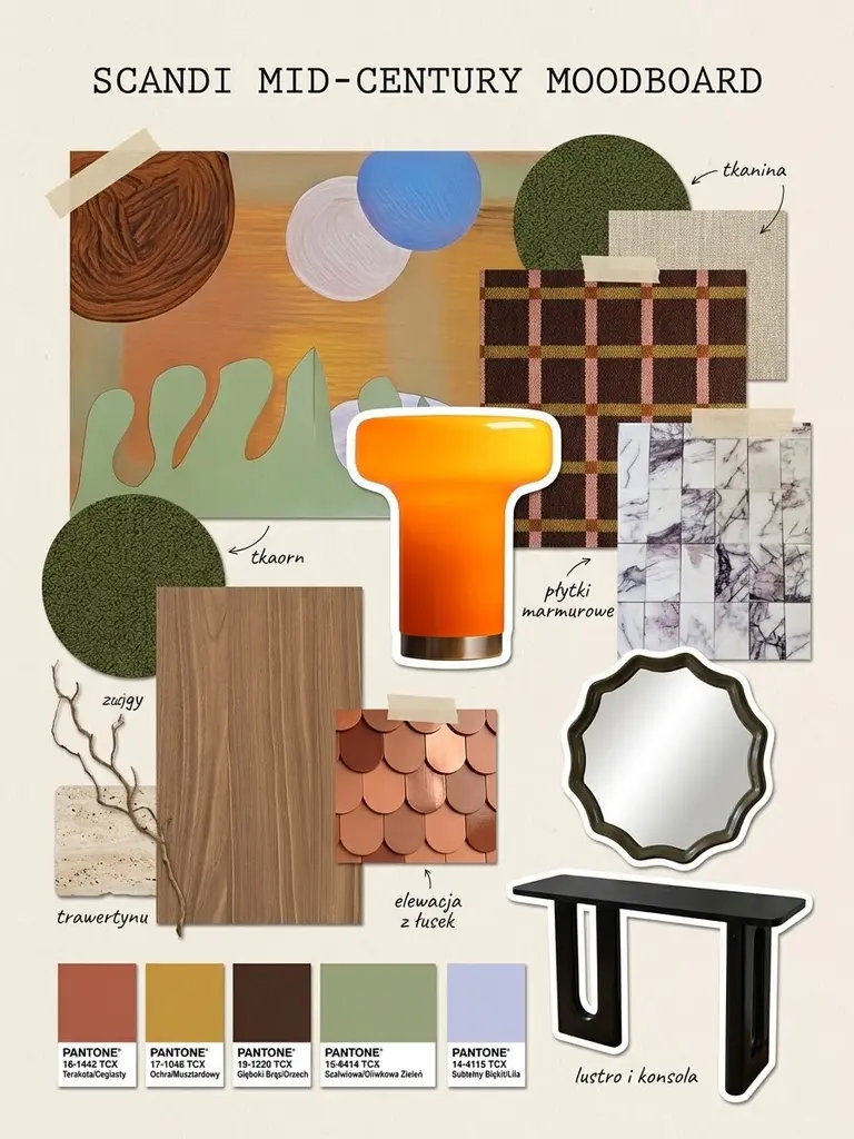 Moodboard z elementami boho, japandi i eklektycznymi w nowoczesnym stylu.