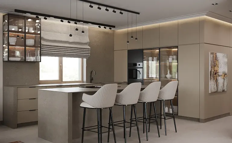 Nowoczesna kuchnia z minimalistycznym designem, beżowe meble i szare akcenty.