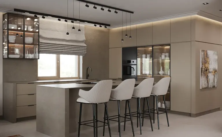 Nowoczesna kuchnia z minimalistycznym designem, beżowe meble i szare akcenty.