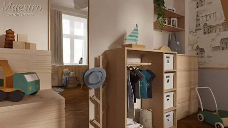 Pokój dziecięcy w stylu eklektycznym z drewnianymi meblami i vintage dekoracjami.
