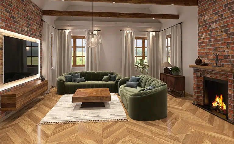 Wnętrze salonu w stylu rustykalnym i industrialnym z zielonymi sofami i drewnianym stołem.