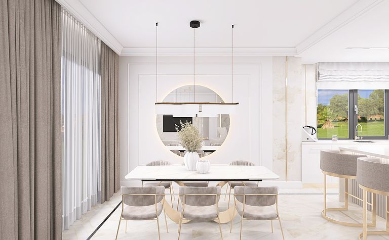 Wnętrze jadalni z minimalistycznym designem, nowoczesne meble i styl quiet luxury.