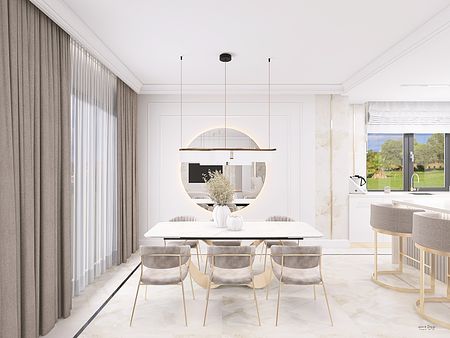 Wnętrze jadalni z minimalistycznym designem, nowoczesne meble i styl quiet luxury.