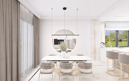 Wnętrze jadalni z minimalistycznym designem, nowoczesne meble i styl quiet luxury.