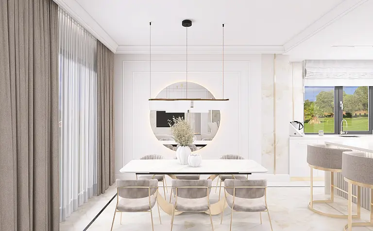 Wnętrze jadalni z minimalistycznym designem, nowoczesne meble i styl quiet luxury.