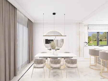 Wnętrze jadalni z minimalistycznym designem, nowoczesne meble i styl quiet luxury.
