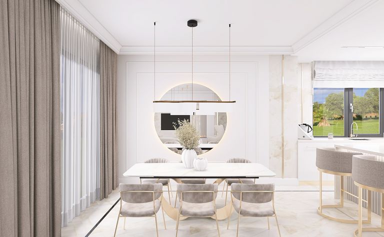 Wnętrze jadalni z minimalistycznym designem, nowoczesne meble i styl quiet luxury.