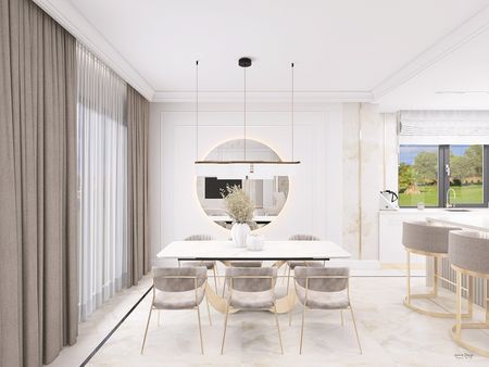 Wnętrze jadalni z minimalistycznym designem, nowoczesne meble i styl quiet luxury.