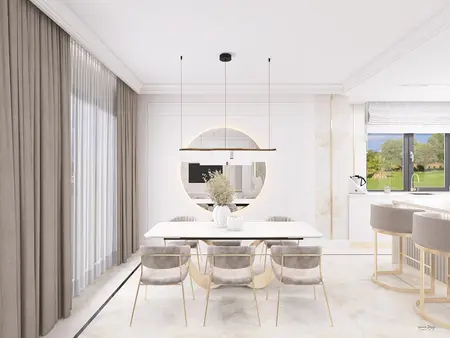 Wnętrze jadalni z minimalistycznym designem, nowoczesne meble i styl quiet luxury.
